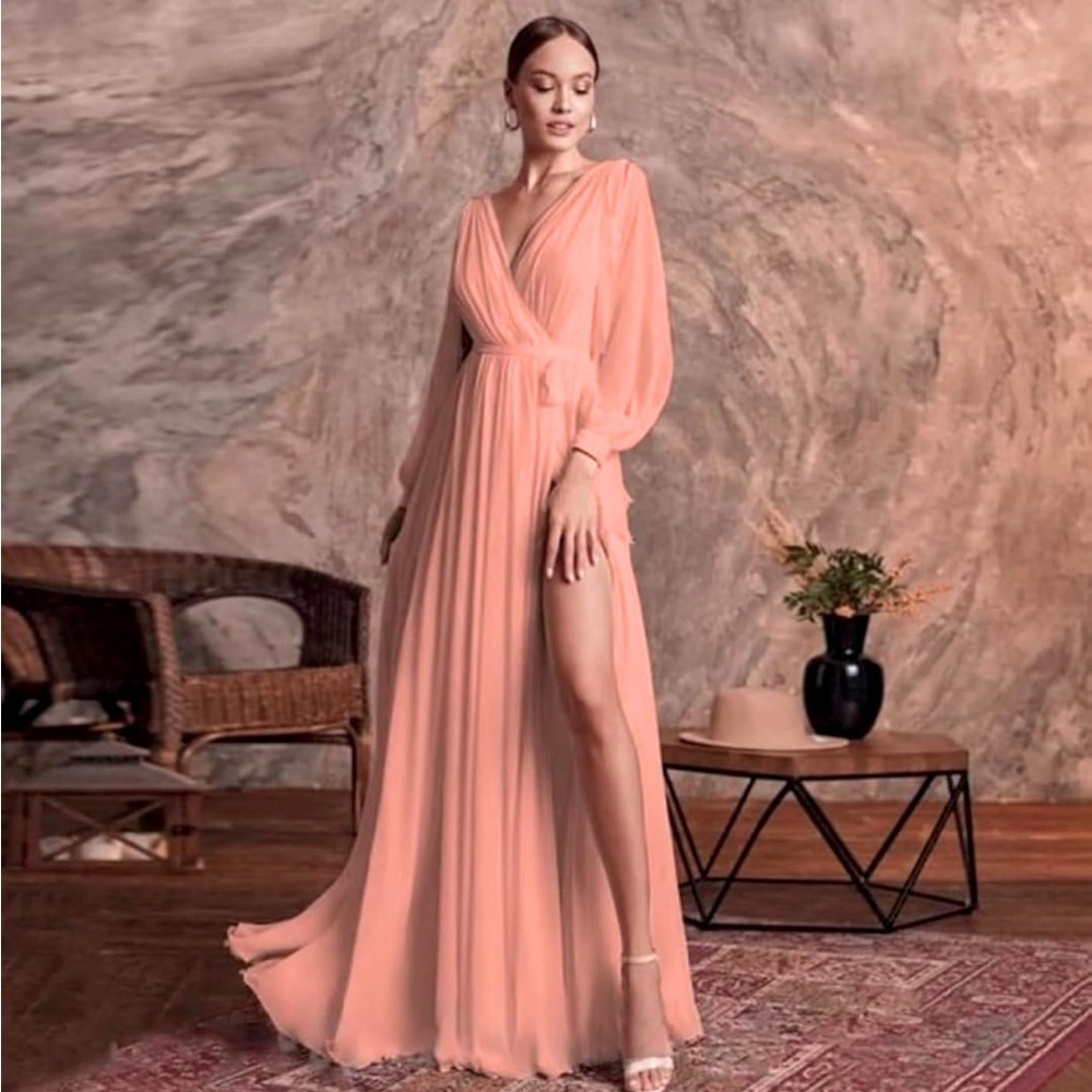 Chiffon V-Neck Bridesmaid Dress for Wedding High Split Ruffle Long Sleeve 2025